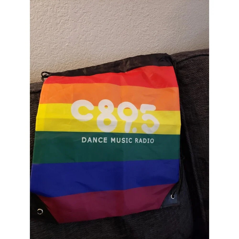 Radio 89.5 Seattle Rainbow Stripe Drawstring Backpack Lesbian Gay LGBTQ Pride Mo